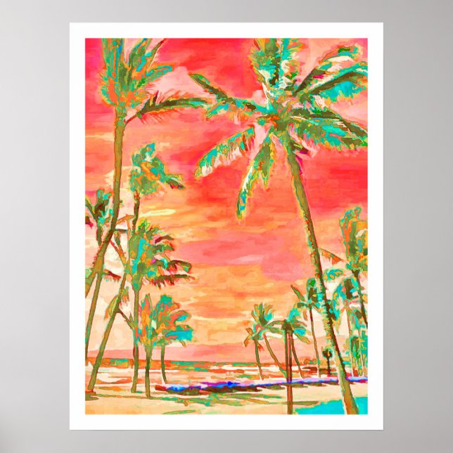 Pôster PixDezines Sunset Hawaiian Beach/Coral/Teal (Frente)