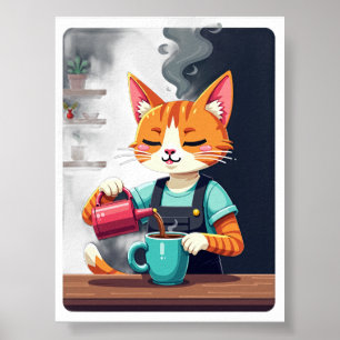 Poster Pixel Art Adicto al Café Sticker Gato Barista Cans
