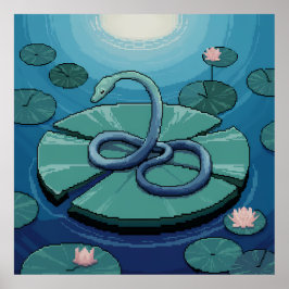 Poster Pixel Art Blue Cobra on Lily Pad