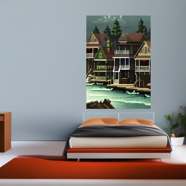 Poster Pixel art, cidade americana perto do mar | Arte AI (Criador carregado)