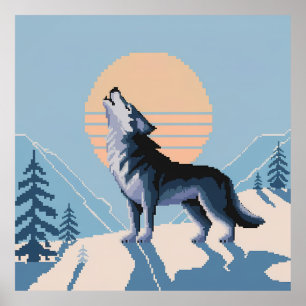 Poster Pixel Art Howling Wolf no Sunset