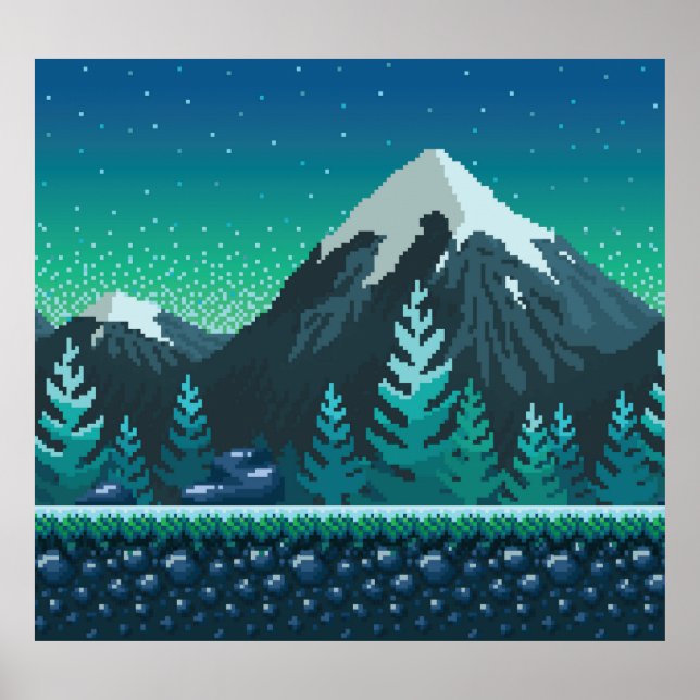 Poster Pixel Art: Montanhas Neves Noite. (Frente)