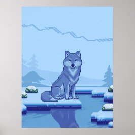Poster Pixel Art Wolf em uma paisagem de neve