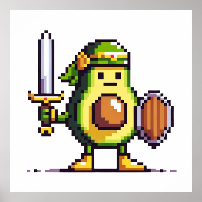 Poster Pixel Avocado Warrior - Arte Retro para Jogos (Frente)