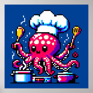 Poster Pixel Octopus Chef Funny Cozinhar e marisco
