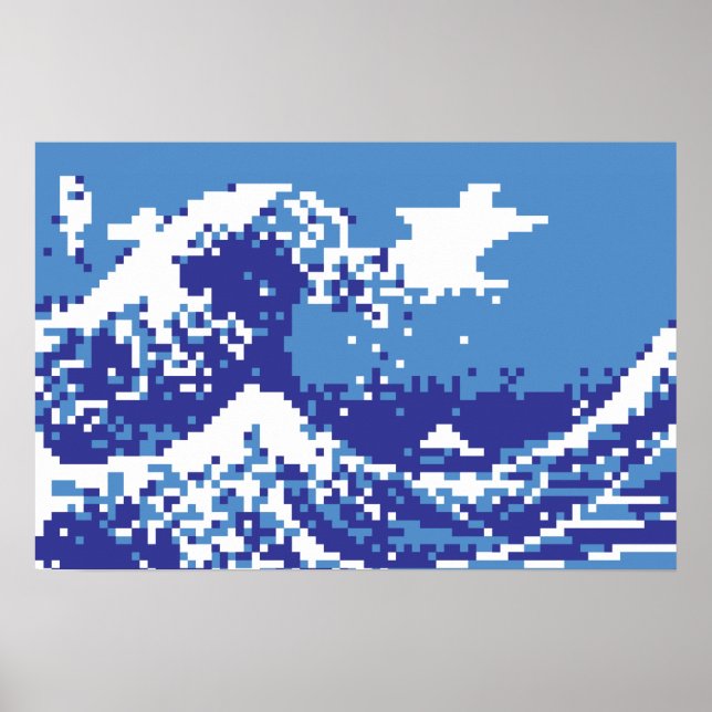 Poster Pixel Tsunami Azul 8 Bit Pixel Art (Frente)