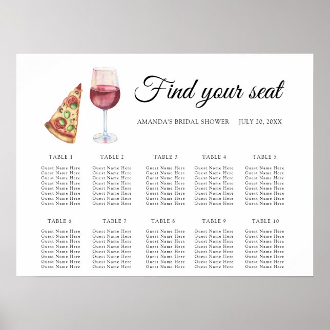 Poster Pizza de aquarela e gráfico de casamento de vinho (Frente)