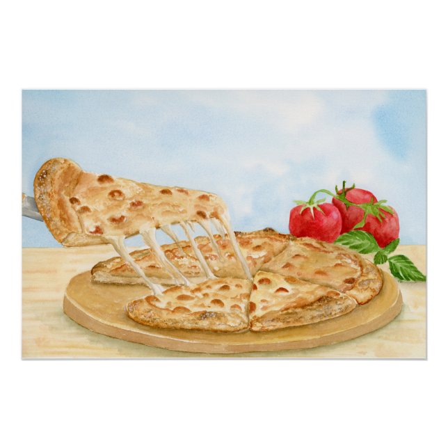 Pôster Pizza de Queijo Clássica Aquarela (Frente)