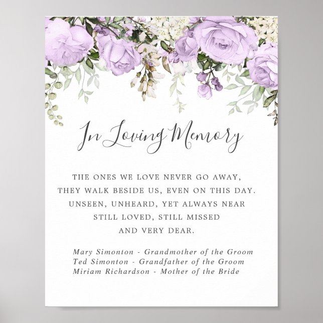 Poster Placa Comemorativa de Casamento Floral Branco Roxo (Frente)