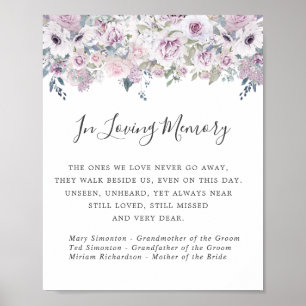 Poster Placa Comemorativa de Casamento Floral Branco Roxo