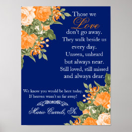 Poster Placa Comemorativa - Flores Laranjas em Azul Marin