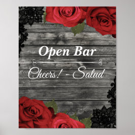 Poster Placa de Abertura de Bar de Casamento com Rosas Ve