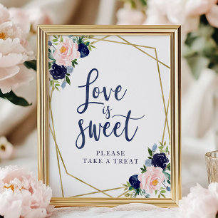 Poster Placa de Amor É Doce Floral Azul Marinho Dourado