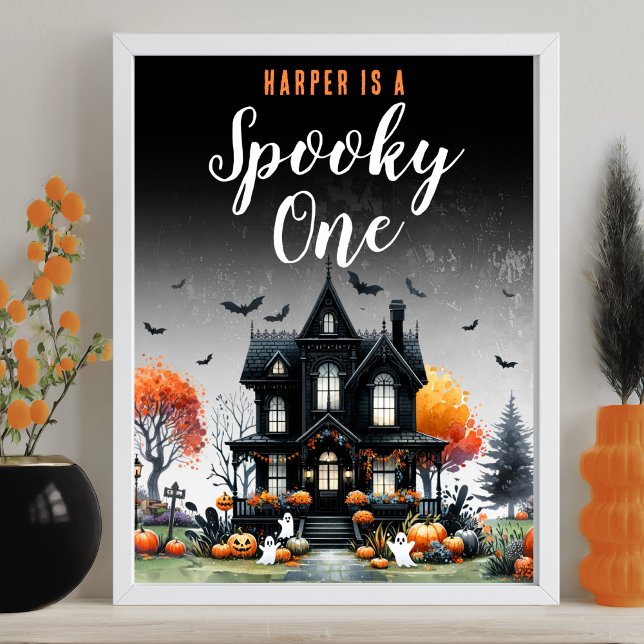 Poster Placa de Aniversário de 1 Ano com Tema de Hallowee (Spooky One Halloween 1st Birthday Party Sign)