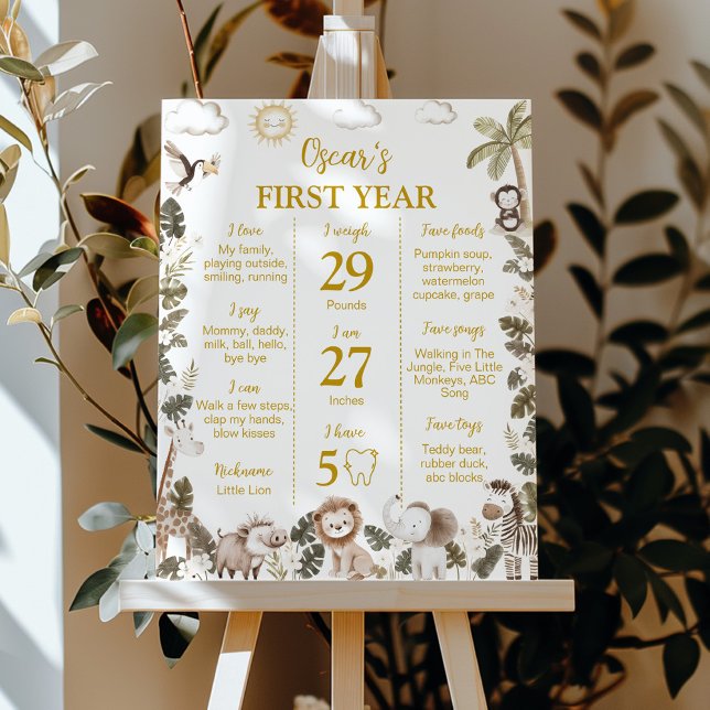 Poster Placa de Aniversário de 1 Ano de Animais da Selva  (Criador carregado)