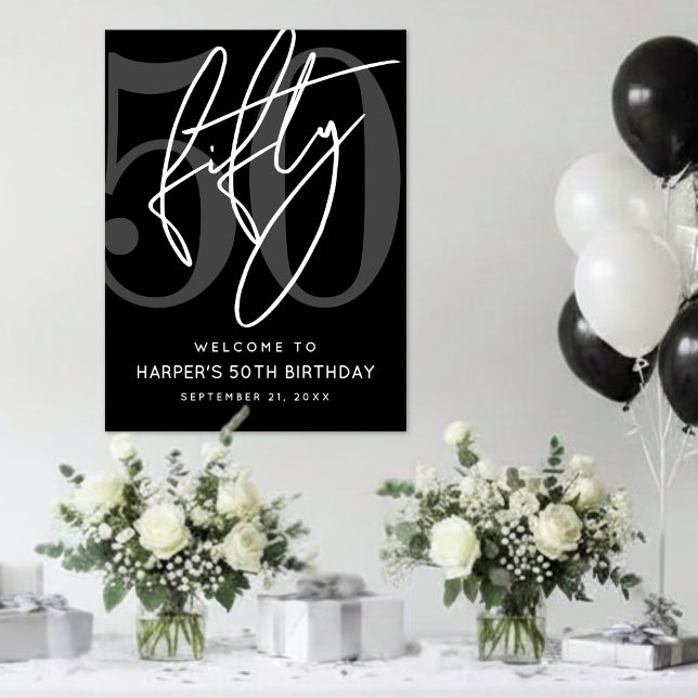 Poster Placa de Aniversário de 50 Anos Preta (Black 50th Birthday Party Sign)