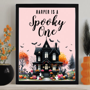 Poster Placa de Aniversário de Halloween Rosa Assustador 