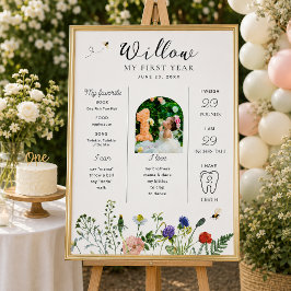 Poster Placa de aniversário de um ano da abelha das flore