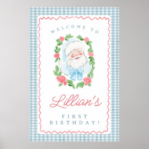 Poster Placa de Aniversário do Papai Noel com Xadrez Azul