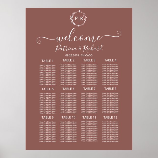 Poster Placa de Assento de Casamento com Monograma em Plá (Frente)