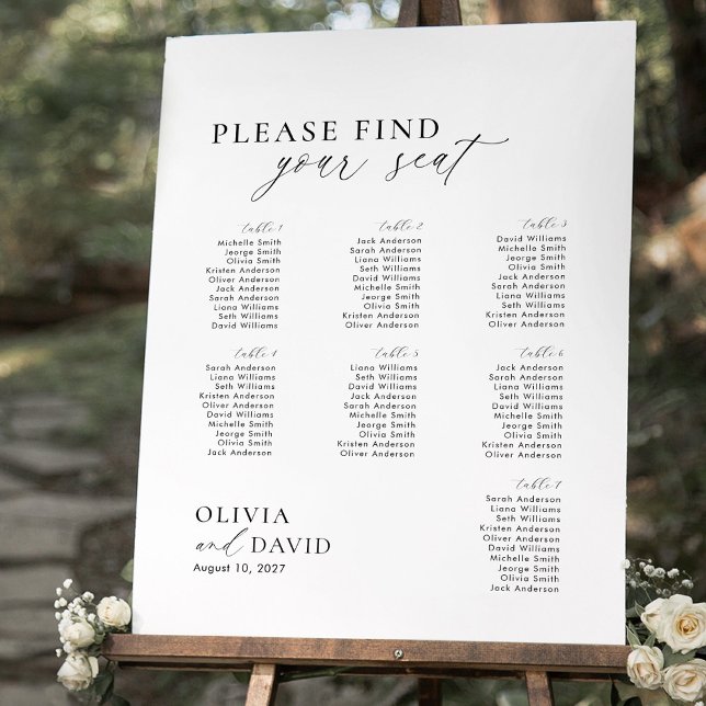 Poster Placa de assento de mesa em Foam Board para 7 mesa (Wedding seating chart for 7 tables)