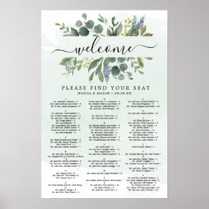 Poster Placa de Assentos de Casamento com Eucalipto Azul 
