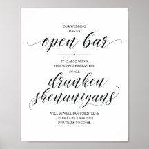 Placa de bar aberto no casamento, travessuras bêba