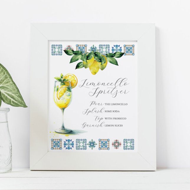 Poster Placa de Bar de Casamento Receita de Spritzer de L (Italian wedding decor limoncello spritzer recipe bar sign by Victoria Grigaliunas Do Tell A Belle)