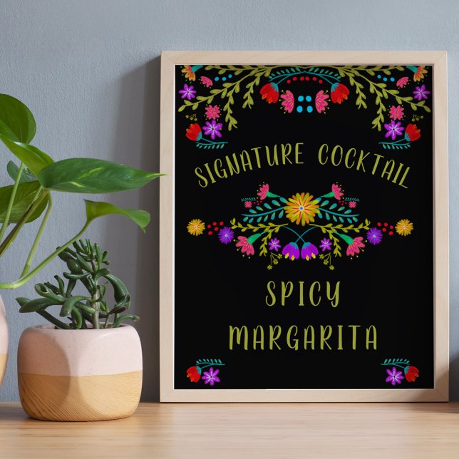 Poster Placa de bar de coquetel com assinatura da flor da (Signature Cocktail Bar Sign  from Mexican Fiesta Floral collection. Order printed or digital file
)