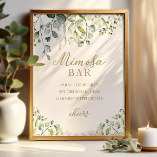 Poster Placa de bar Mimosa com aquarela de eucalipto verd