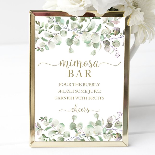 Poster Placa de bar Mimosa com aquarela de eucalipto verd (Criador carregado)