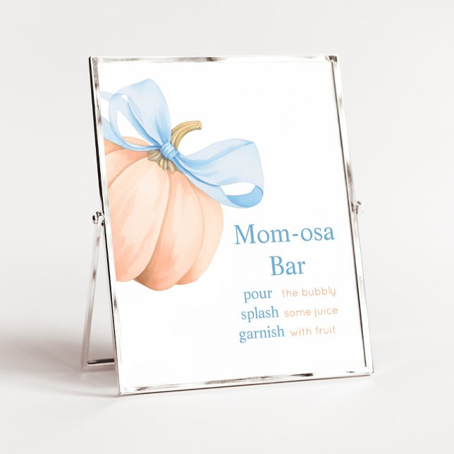 Poster Placa de Barra da Mamãe Osa Abóbora Laranja com La (Little Pumpkin Bow Baby Shower Mom Osa Bar Sign)