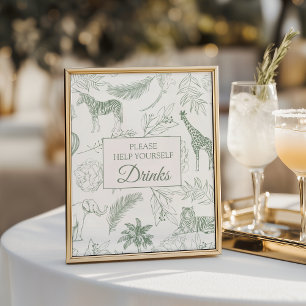 Poster Placa de Bebidas Animais Safari Jungle Verde Sage