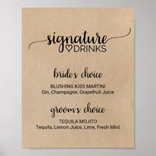 Poster Placa de bebidas com assinatura Faux Kraft simples