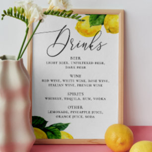 Poster Placa de Bebidas de Limão   Bar de Casamento Botân