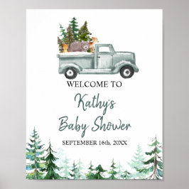 Poster Placa de Bem-Vindo com Animais da Floresta e Pinhe