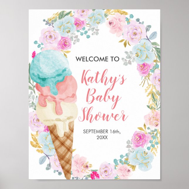 Poster Placa de Bem-vindo Sorvete Flores Pastel (Frente)