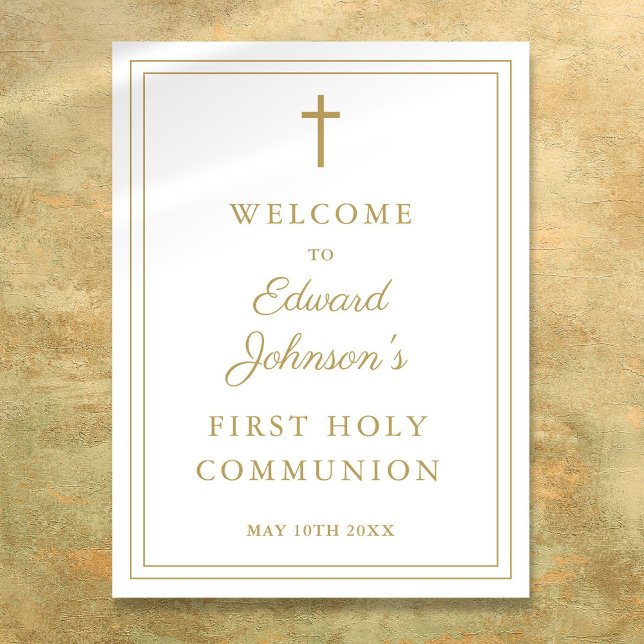 Poster Placa de Boas-Vindas à Primeira Comunhão com Borda (Elegant Gold Border Holy Communion Welcome Sign)