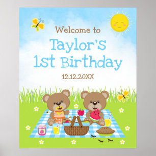 Poster Placa de Boas-Vindas Azul para Aniversário com Urs