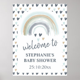 Poster Placa de Boas-Vindas Baby Shower Azul Boho Arco-Ír