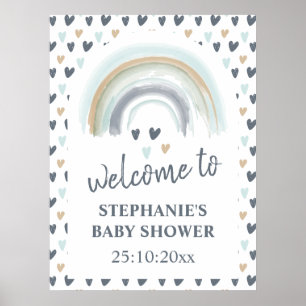 Poster Placa de Boas-Vindas Baby Shower Azul Boho Arco-Ír