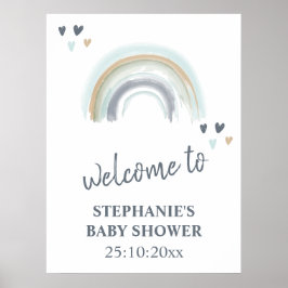 Poster Placa de Boas-Vindas Baby Shower Azul Boho Arco-Ír