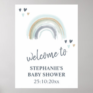 Poster Placa de Boas-Vindas Baby Shower Azul Boho Arco-Ír