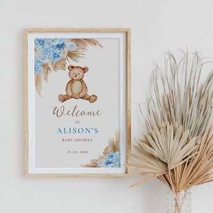 Poster Placa de Boas-Vindas Bebê Capim Pampas Urso de Pel