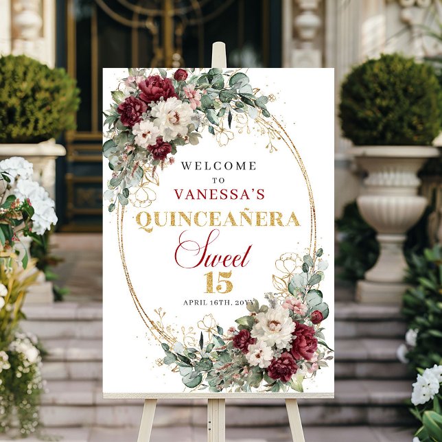 Poster Placa de Boas-Vindas Boho Borgonha Floral Dourado  (Boho Burgundy Floral Gold Quinceanera Welcome Sign)