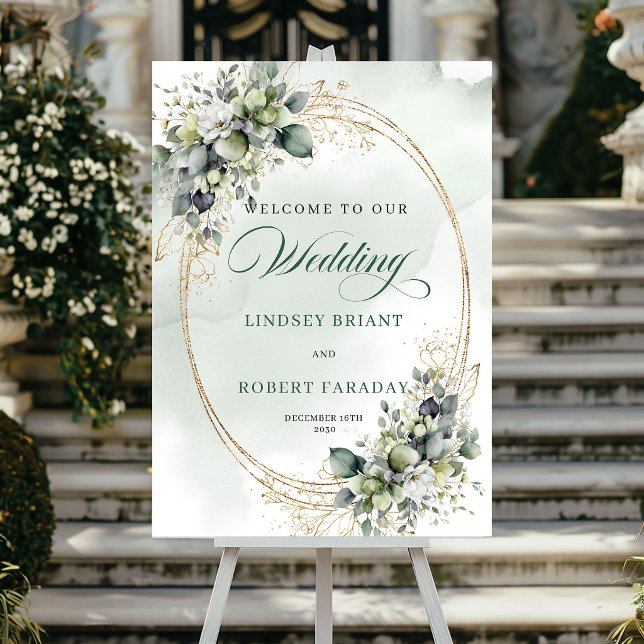 Poster Placa de Boas-Vindas Botânica de Rosas Brancas Rom (Romantic White Roses Botanical Welcome Sign)