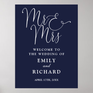 Poster Placa de Boas-Vindas Casamento Sr e Sra Azul Marin