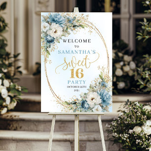 Poster Placa de Boas-Vindas Chic Dusty Blue Gold Sweet 16
