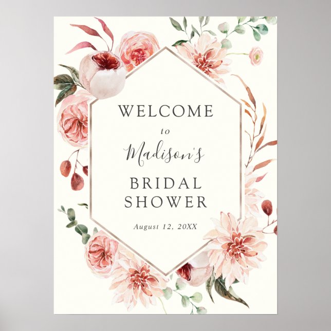 Poster Placa de Boas-Vindas com Florais Rosa Empoeirado e (Frente)