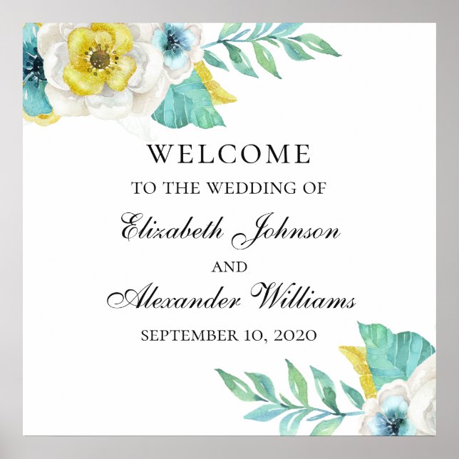 Poster Placa de boas-vindas com flores azuis e amarelas.  (Frente)